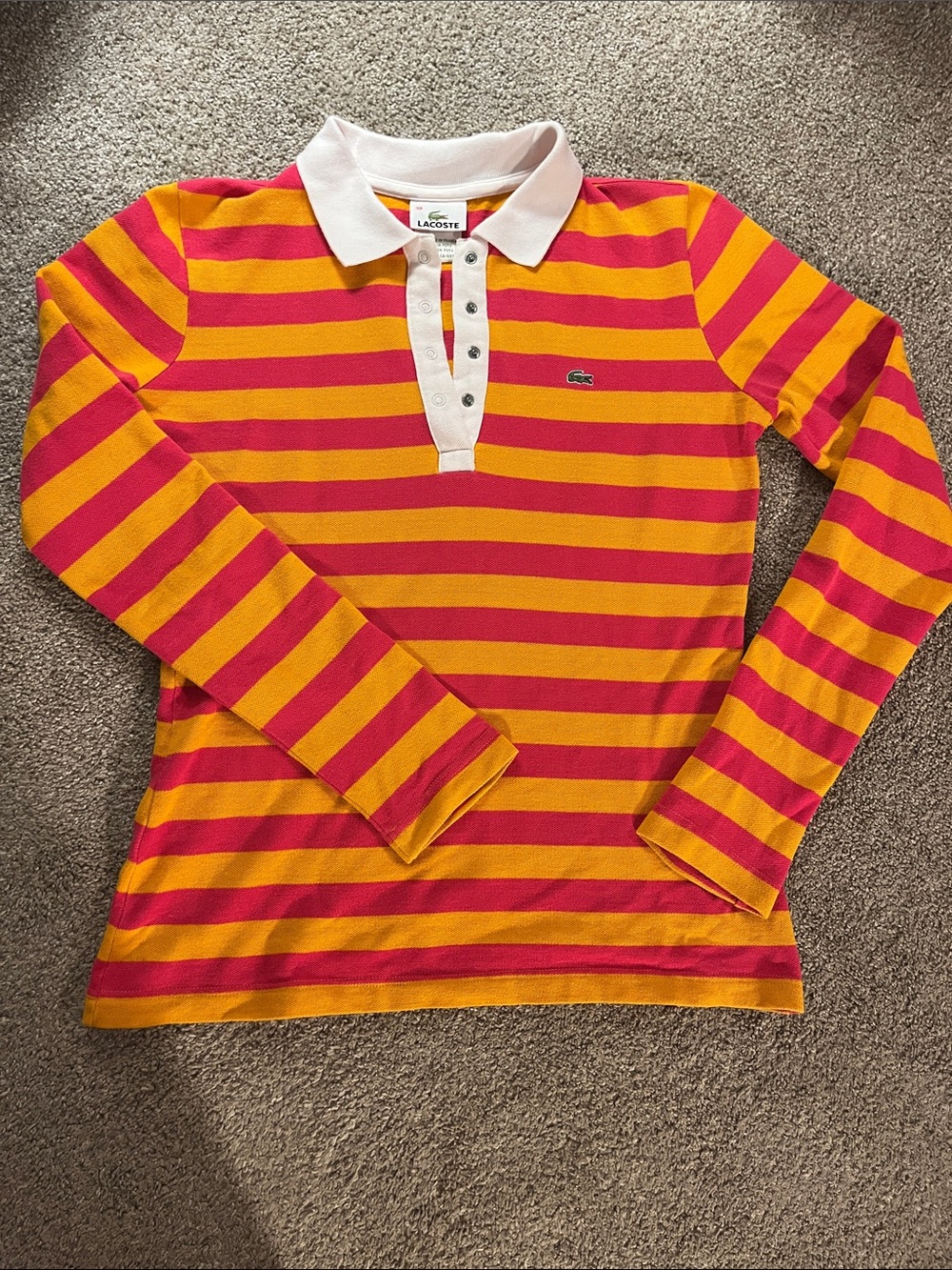 🩷🐊🧡Lacoste Long Sleeve sz38 Orange Pink Stiped Contrast Collar Snaps Polo